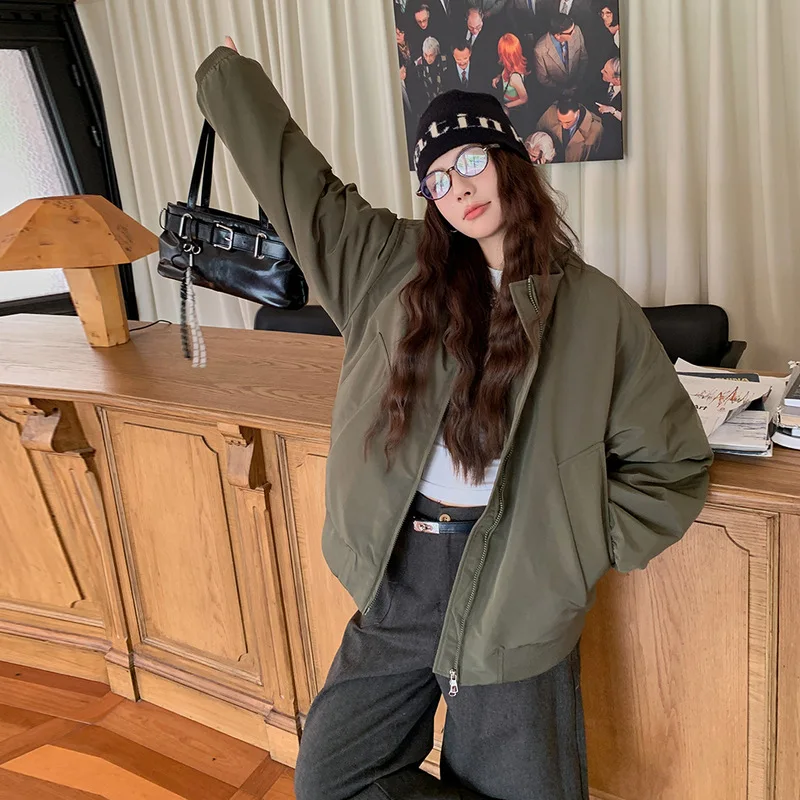 Women Quilted Baseball Parkas Jacket Solid Fleece Coat Stand Collar Full Sleeve Zipper Straight Office Lady Casual 2025 Winter