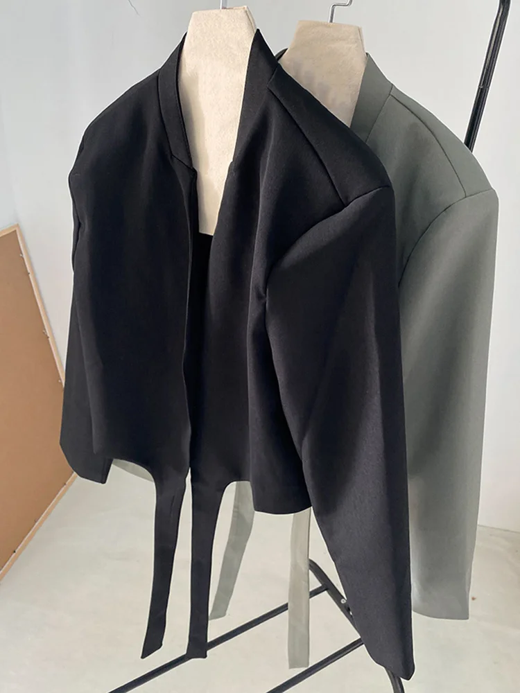 [EAM]  Women Gray Green Ribbon Short Big Size Blazer New Lapel Long Sleeve Loose Jacket Fashion Tide Spring Autumn 2024 1DF0385