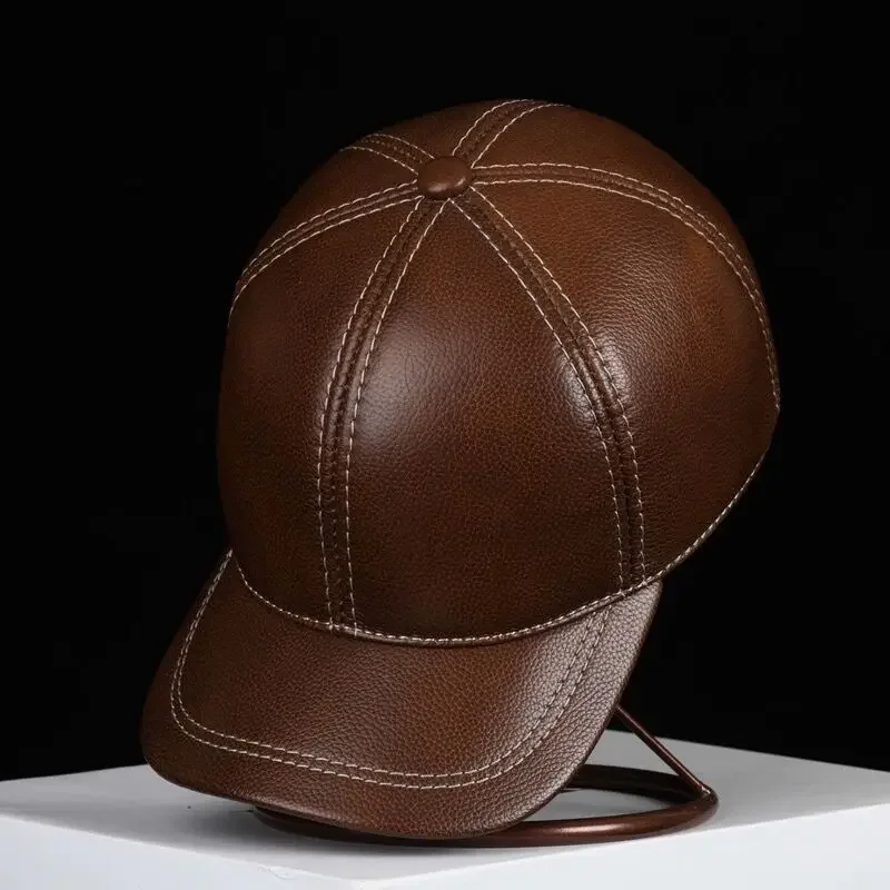 Winter Male Genuine Leather Baseball Caps Ear Protection Hockey Golf Fishing Gorras Trucker Hat For Man Bright Line Decoration