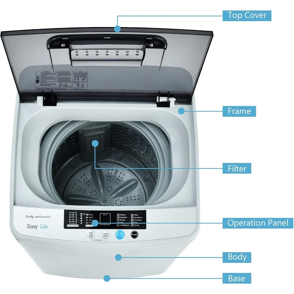 W pełni automatyczna pralka, pralka 8,8 funta i wirowanie, 10-programowa pompa spustowa i wyświetlacz LED, przenośna pralka