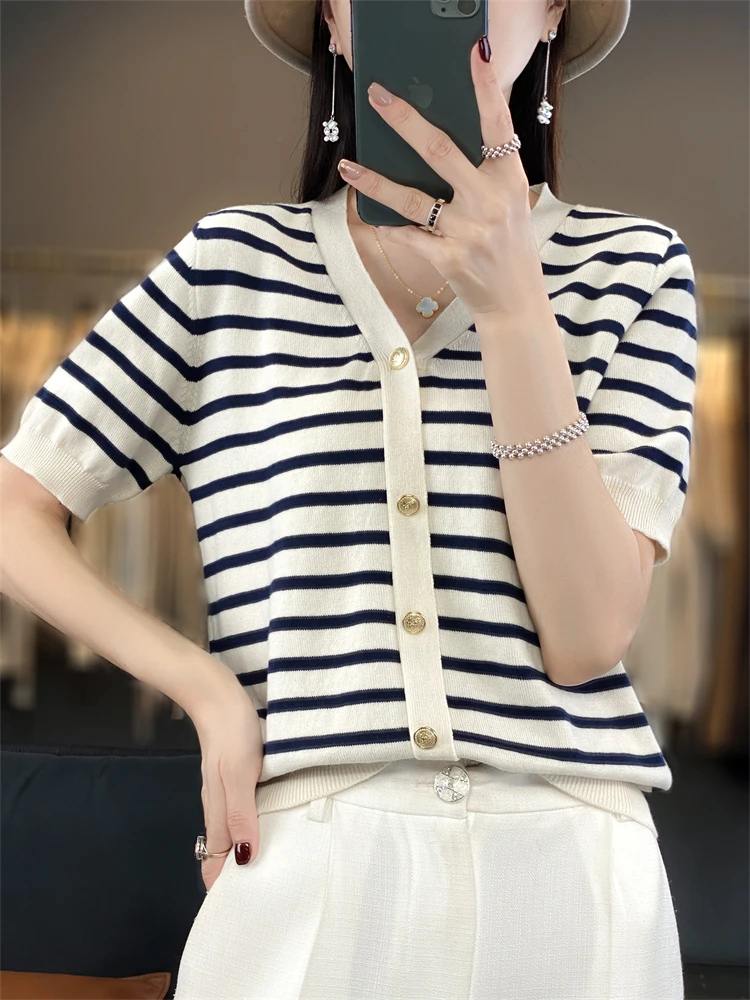 

Pure Cotton Knitted Short Sleeve T-Shirt Women's Loose V-Neck Striped Color Block Fake Open Cardigan Outerwear Versatile Top
