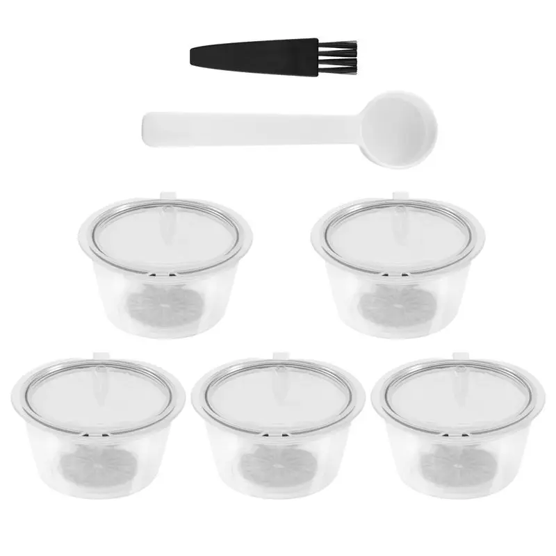 ?5PCS Reusable For Nestle For Dolce Gusto Coffee Capsule Filter Cup Refillable Filter Basket Caps Reusable Spoon Brush