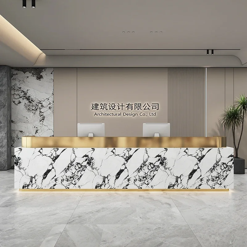 

Сланцевый мраморный прием, современная компания, стойка регистрации отеля, салон красоты, касса из нержавеющей стали