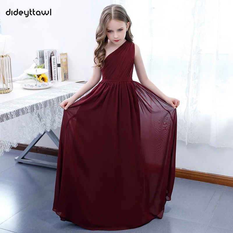 Dideyttawl Burgund Lange Chiffon-Blume Mädchen Kleider Kind Geburtstag Weihnachten Kleider One Shoulder Plissee Junior Brautjungfer Kleid