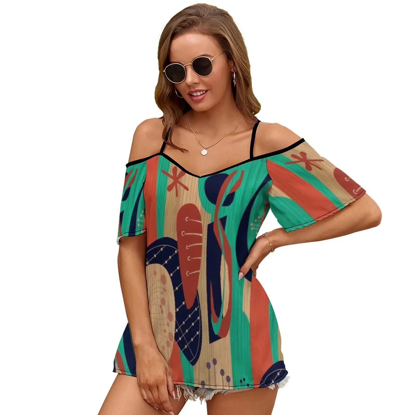 Atomic Joy Two Sexy And Club Fashion Female T-Shirt Short Sleeve Off Shoulder Lady T Shirts Wood Grain Aqua Orange Indigo Burnt