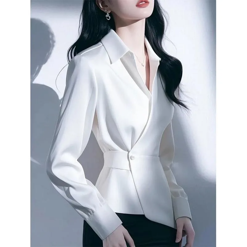 

New Light Luxury French Autumn Shirt Women Fashion High End Elegant Slim Laple Long Sleeve Office Lady Top Solid Color Blouse