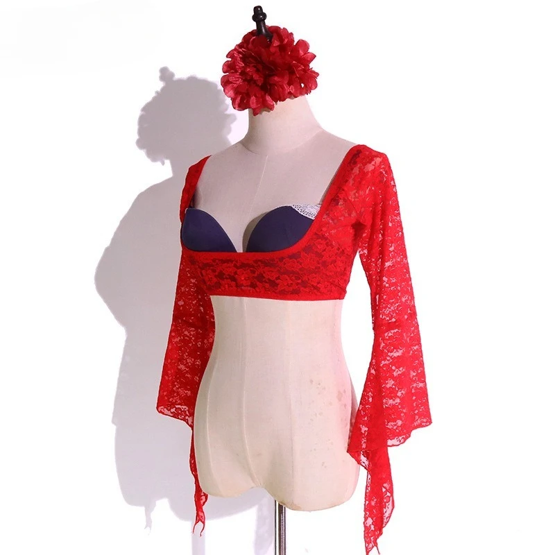 customized Belly Oriental Dance Costume Practice Dress New Lace Chest Top with Trumpet Sleeves