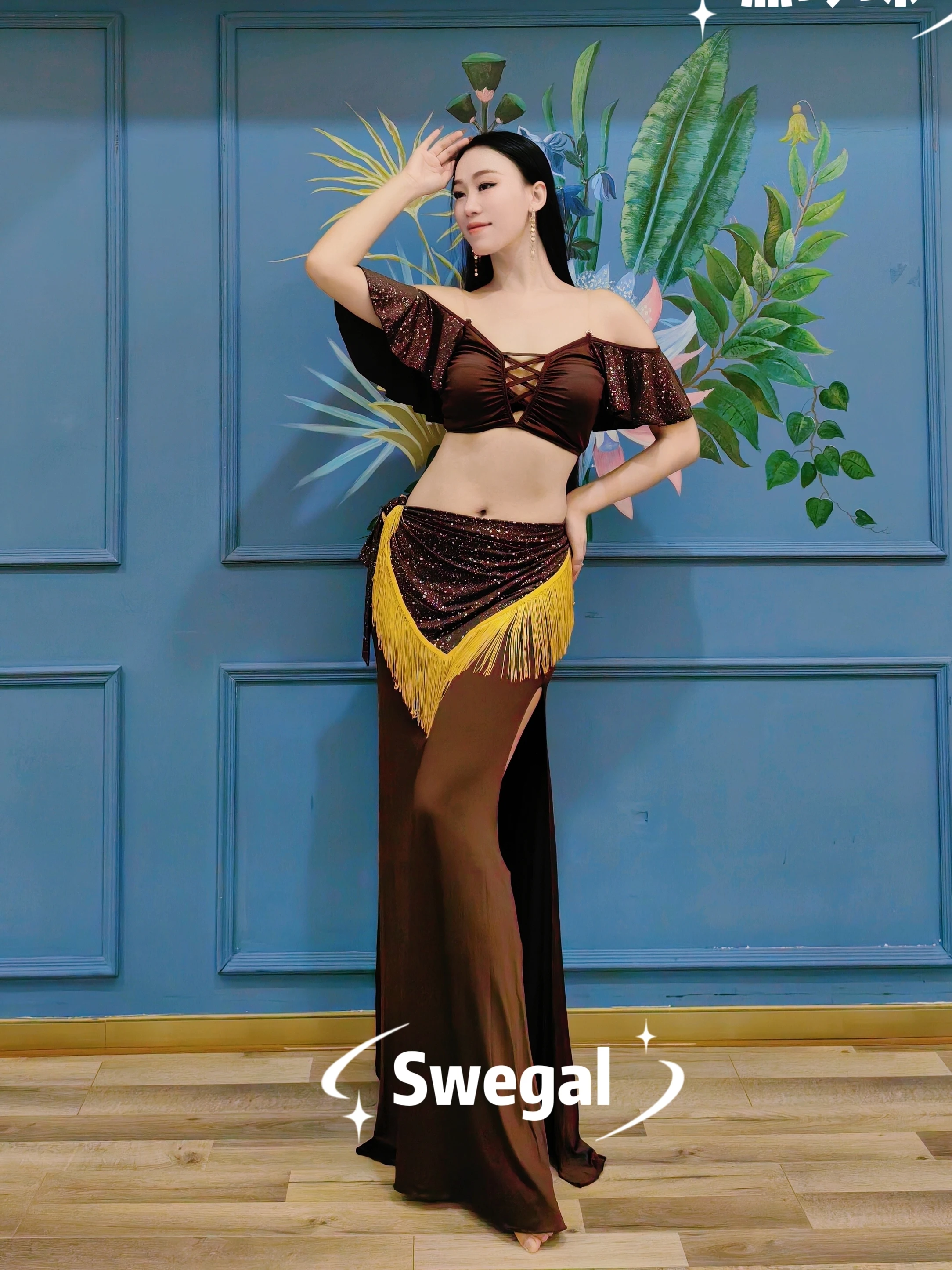 Master Level SWEGAL Belly Dance Practice Suit Cross Hollow Lotus Sleeve Three Piece Set Inspirational Performance Costume Vin...