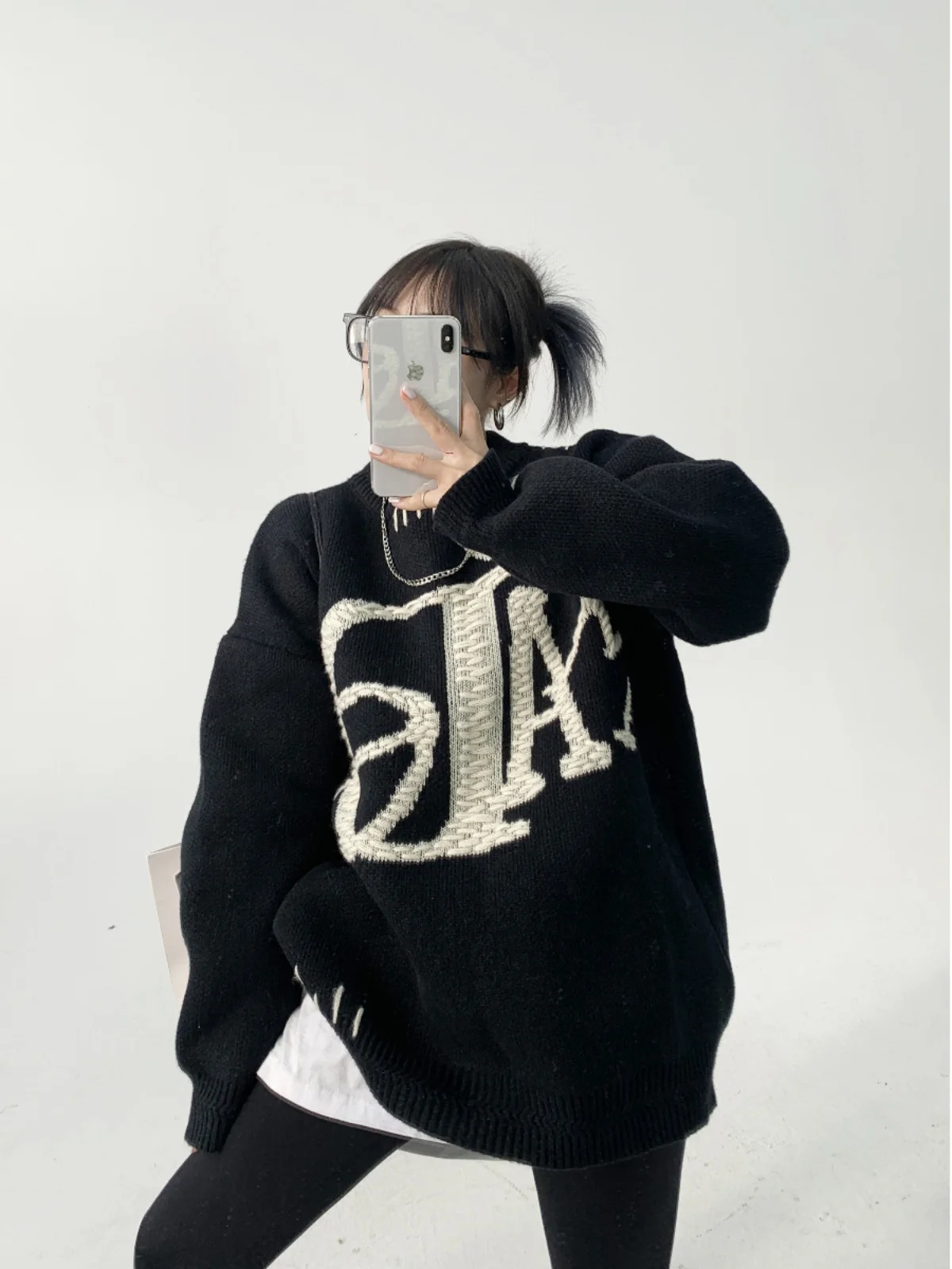 

Утепленный круглый вязаный свитер для женщин: уличный стиль, повседневный, с вышивкой, свободный крой, осень-весна, американский дизайн