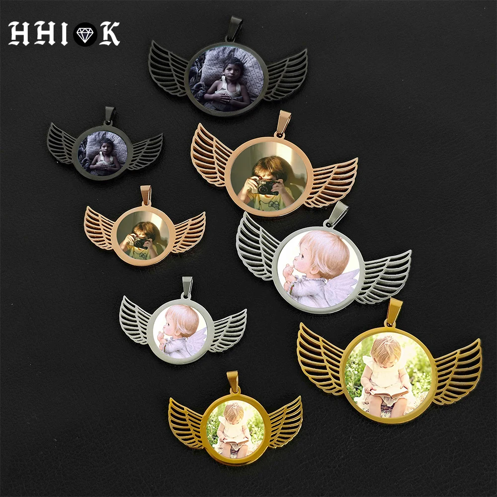 

New Fashion 18K Gold Plate Stainless Steel Pendant Hollow Out Angel Wing Necklace Custom Photo Pendant Silver Will Not Fade