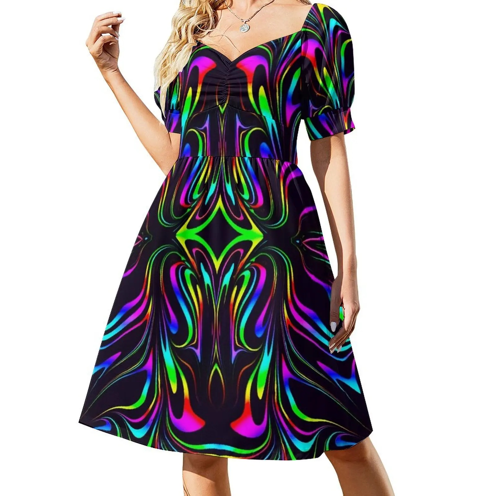 

To Infinity (Fluid Glitch Neon Abstract Art) Short Sleeved Dress summer dress woman 2025 trendy Summer skirt Dress