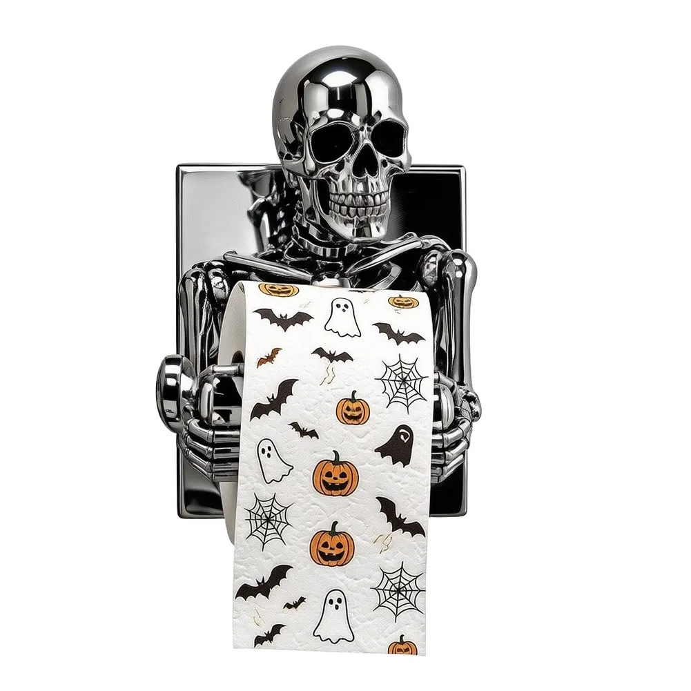 Gothic-Skelett-Toilettenpapierhalter, Wandmontage, Harzdekor für Badezimmer oder Halloween-Thema, 17 x 18 cm, Silber.
