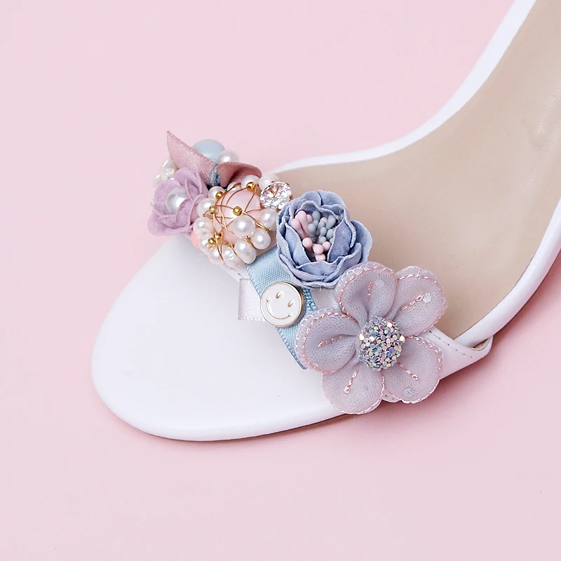 Sweet Open Toe Women Sandals Rhinestone Pearl Bowknot Flowers Square Chunky High Heels Daily Wear Large Size Women Summer Shoes