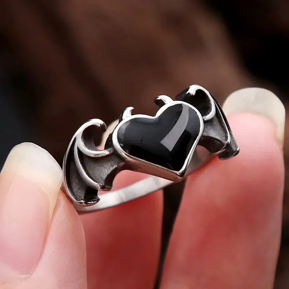 Simple Devil Wing Black Heart Stainless Steel Ring Gothic Punk Vintage Dark Street Hip Hop Fashion Jewelry For Men And Women
