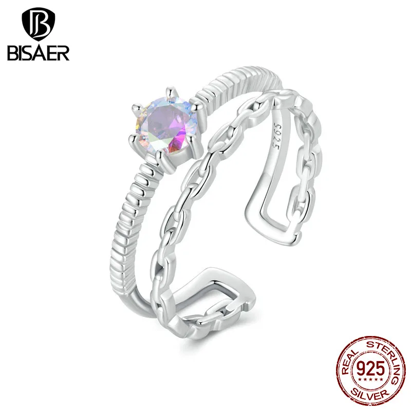 BISAER 925 Sterling Silver Iridescent Double-Layer Open Ring Dreamy Eternity Band Plated Platinum for Romantic Women Jewelry