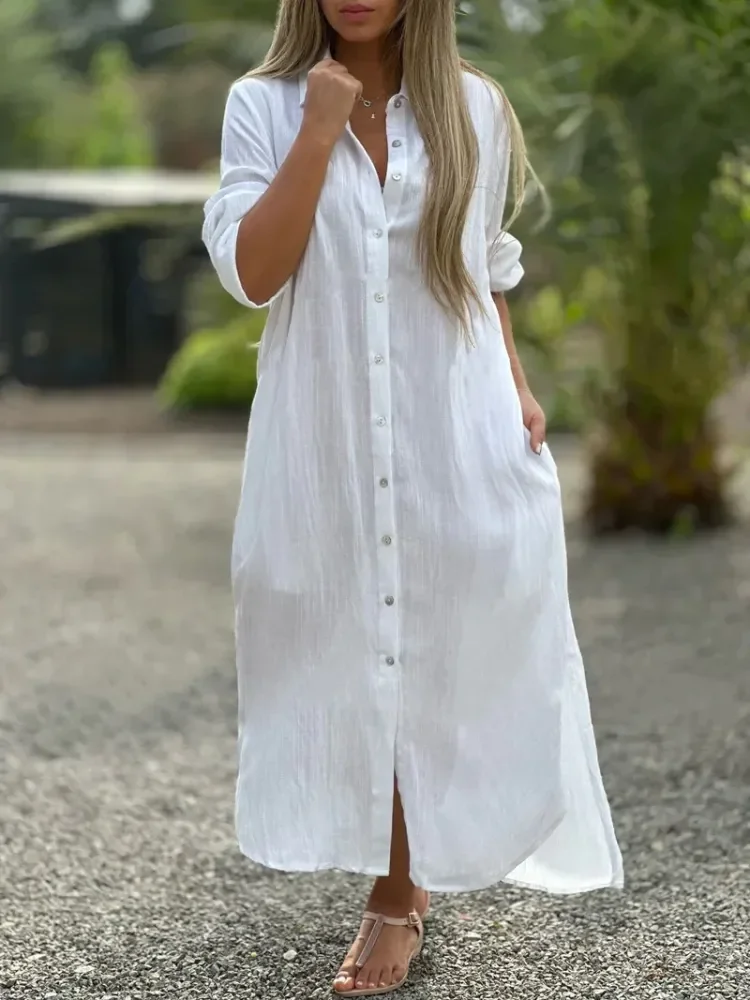 

Autumn New Cotton Linen Women Long Dresses White Solid Pocket Loose Shirt Dress Female Casual Fashion Loose Clothes Female