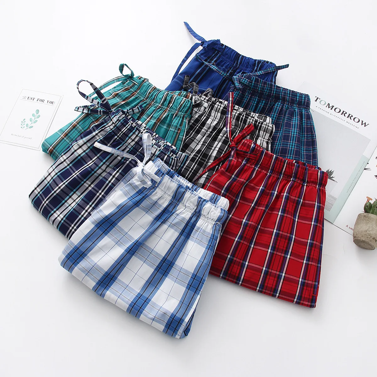 2024 Summer Men 100% Cotton Sleep Bottoms Male Beach Board Shorts Men Casual Plaid Pajama Half Pants Swimming Shorts M-XXL