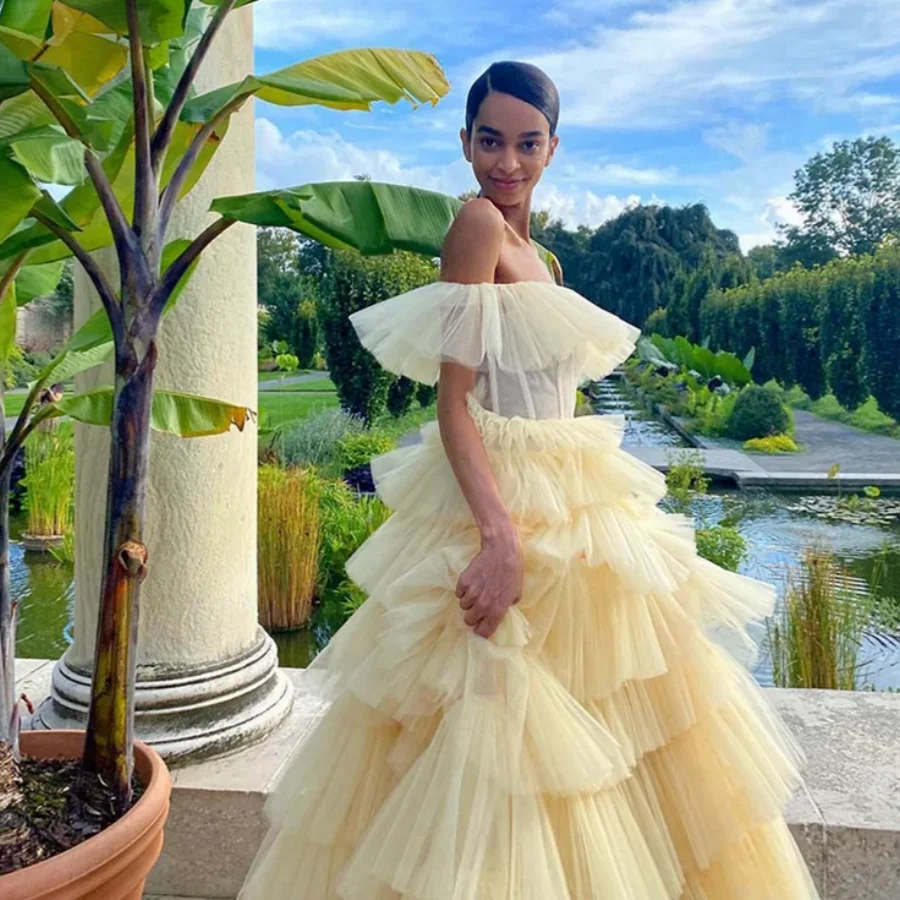 OUSIRUI Off Shoulder Evening Dress Exquisite Wedding Dress Ruffle Multi-layer Tulle Prom Dressess Yellow Prom Dress Custom #3