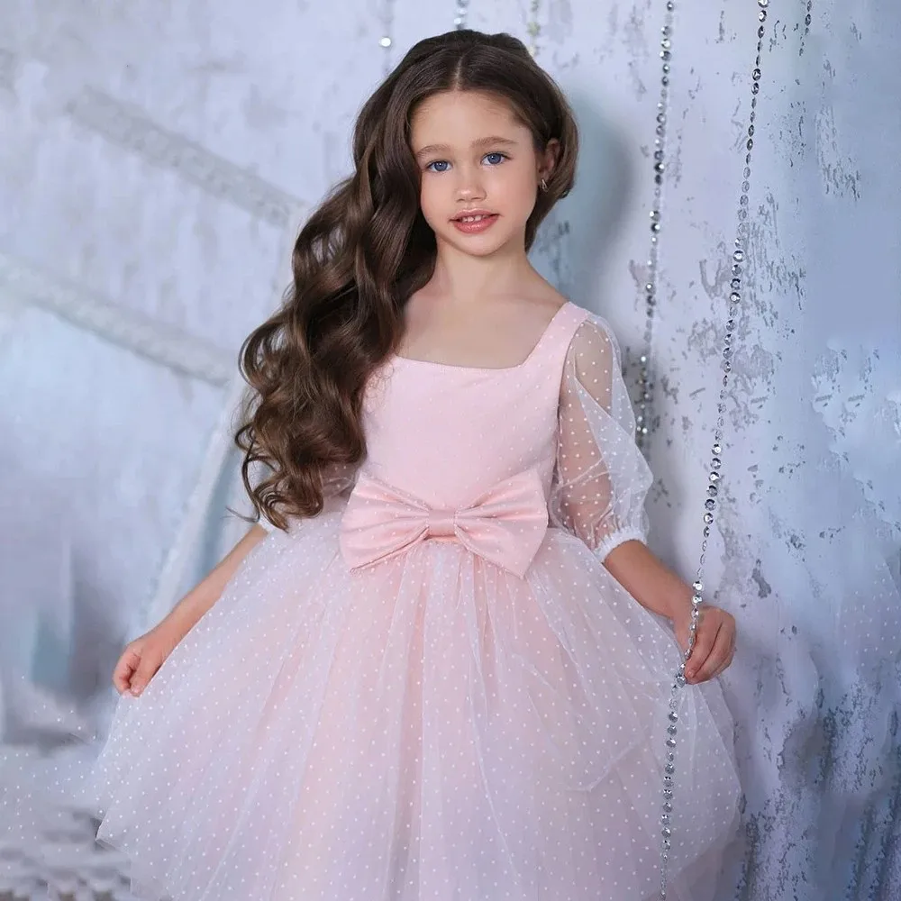 

Cute Square Collar Flower Girl Dress Bow Gown Little Girl Princess Prom Party Communion Birthday Wedding Customized