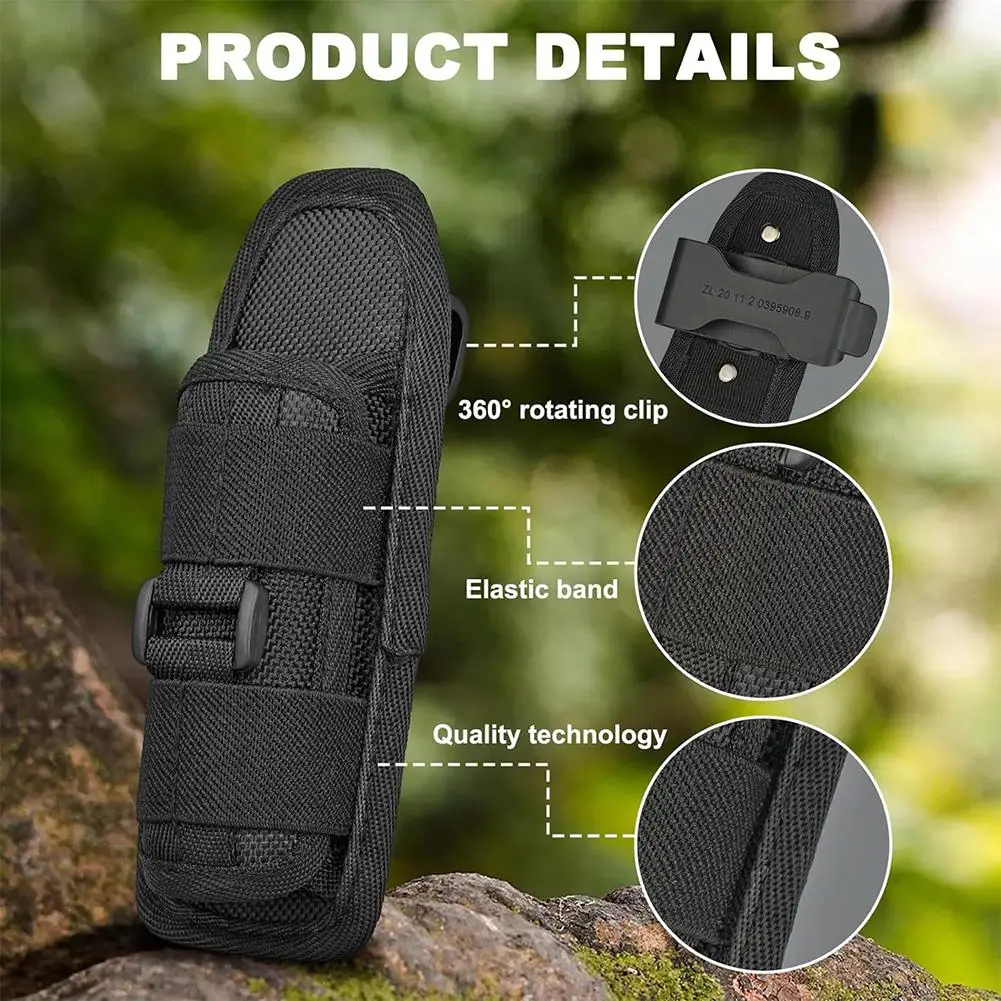 Tactical Flashlight Pouch Holster, Rotatable Flashlight Holder Belt Clip Tactical Torch Carry Case with 360 Degree Carabiner