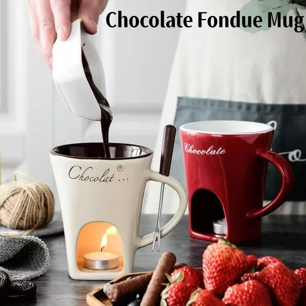 Juego de Tazas para Fondue de Chocolate con Tenedores y Vela Europea, Taza de Cerámica para Derretir Chocolate, Mini Set de Chocolate