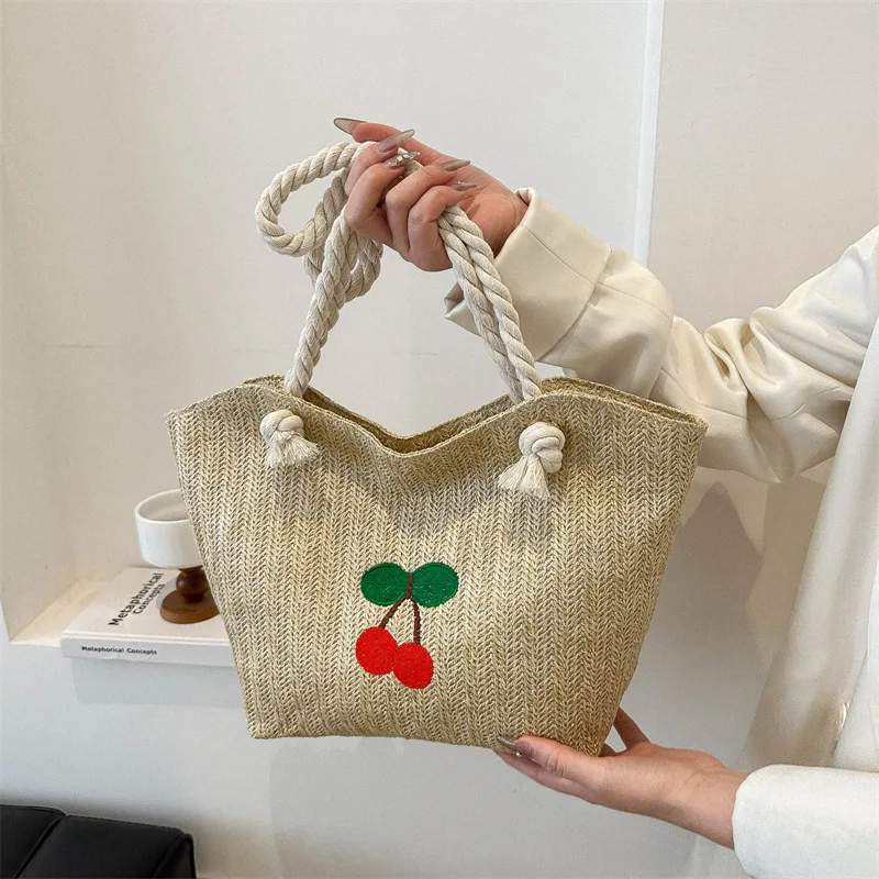 Straw Knitting Tote Bag Female Large Capacity Handmade Shoulder Handbag Women Cherry Designer Casual Woven Beach Bag with Zipper