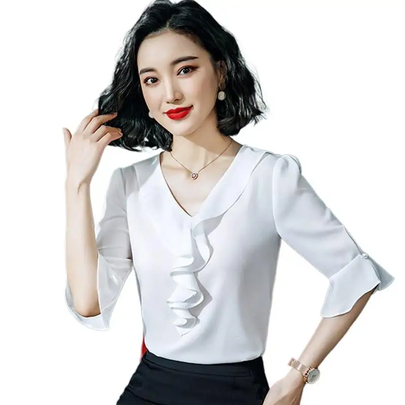 

2024 Summer women's tops and blouses white chiffon blouse office shirt blusas mujer de moda half sleeve women shirts clothes