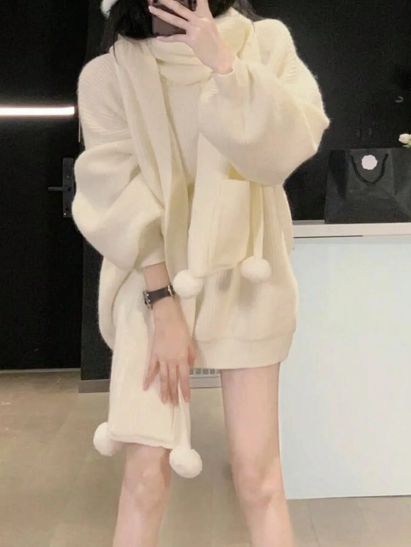 Korean Chic Dropped Shoulder Sleeves Wool Lazy Style Mid-Length Pullover Individual Autumn and Winter Loose Round Neck Top