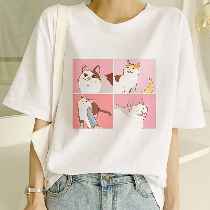 Harajuku feminino engraçado gato bonito estampado camisetas, streetwear de verão, roupas casuais, tops simples de manga curta, unissex