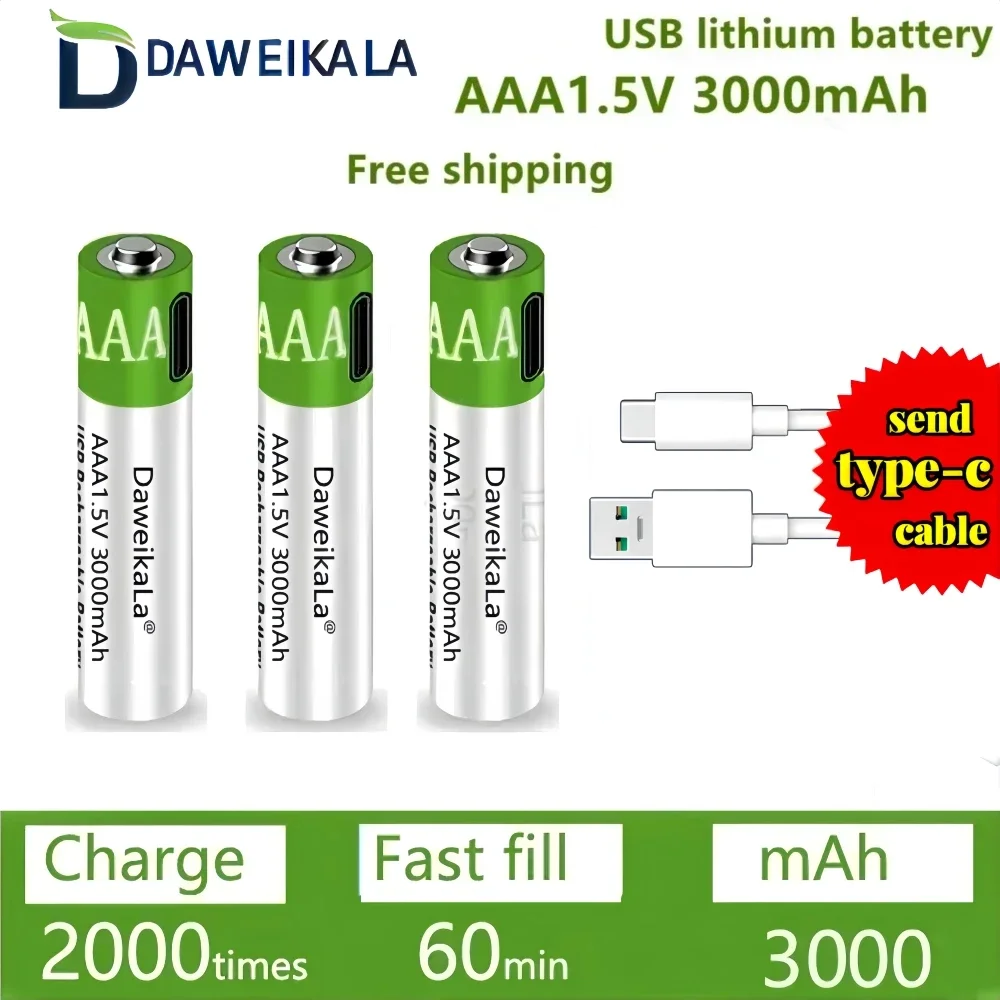 DAWEIKALA New AAA 1.5V 3000mAh Capacity Rechargeable Li-Ion battery For flashlight toy watch player Li-Ion battery replacement