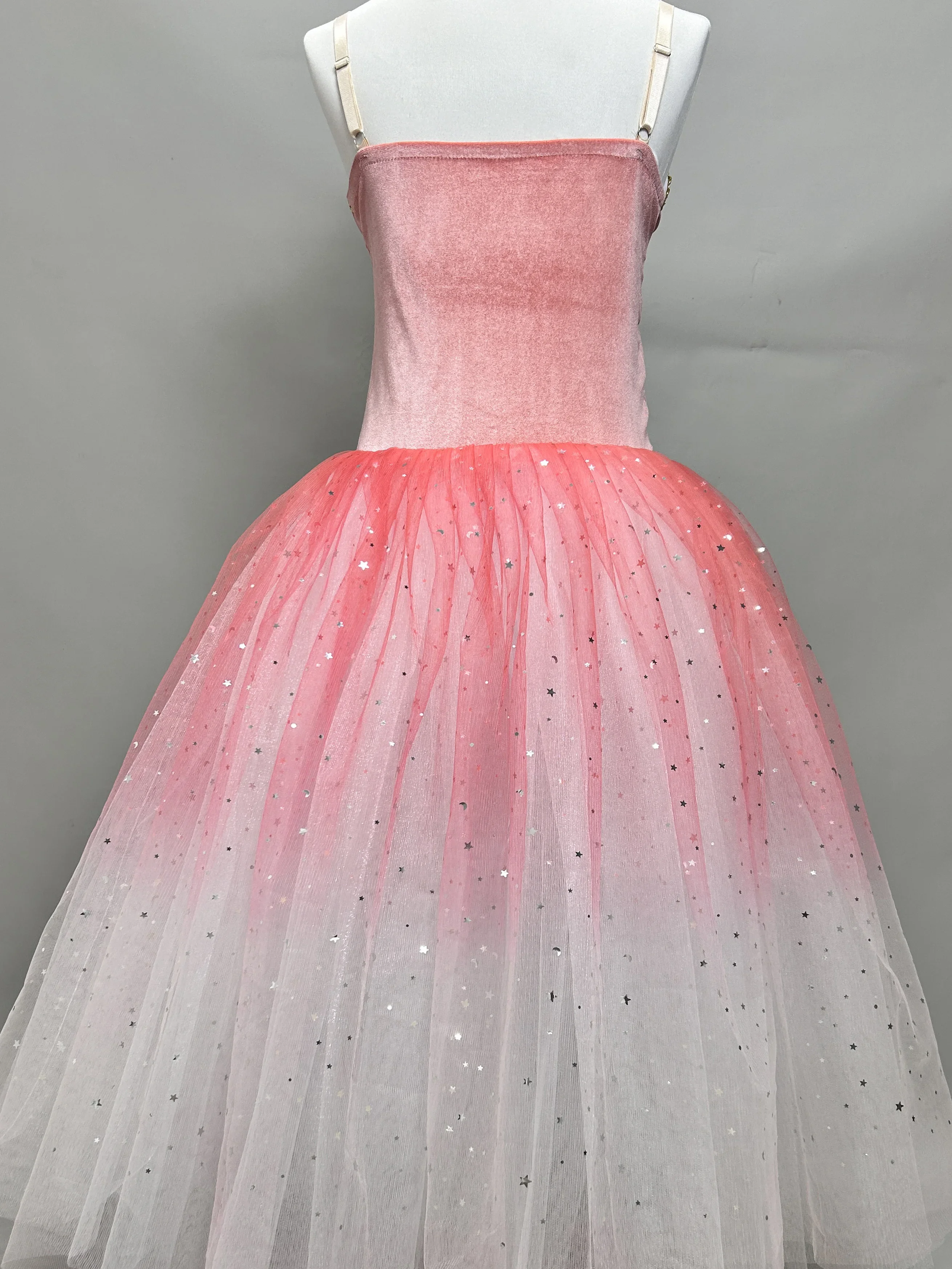 핑크 그라디언트 발레 드레스 스팽글 어린이 키즈 성인 긴 발레리나 드레스 여성 발레 의상 소녀 공연 투투 댄스 착용