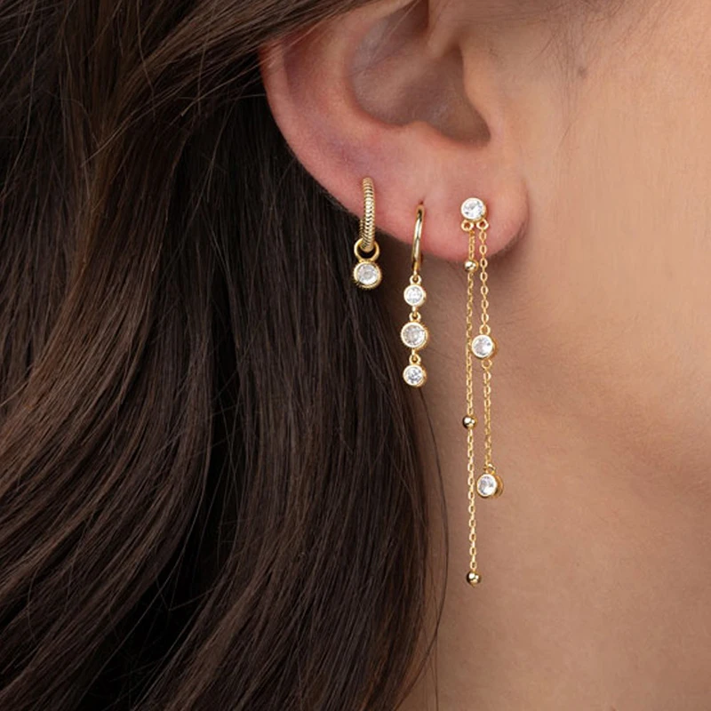 

925 Sterling Silver Needle Shiny Round Zircon Pendant Hoop Earrings Exquisite Long Chain Stud Earrings Women's Fashion Jewelry