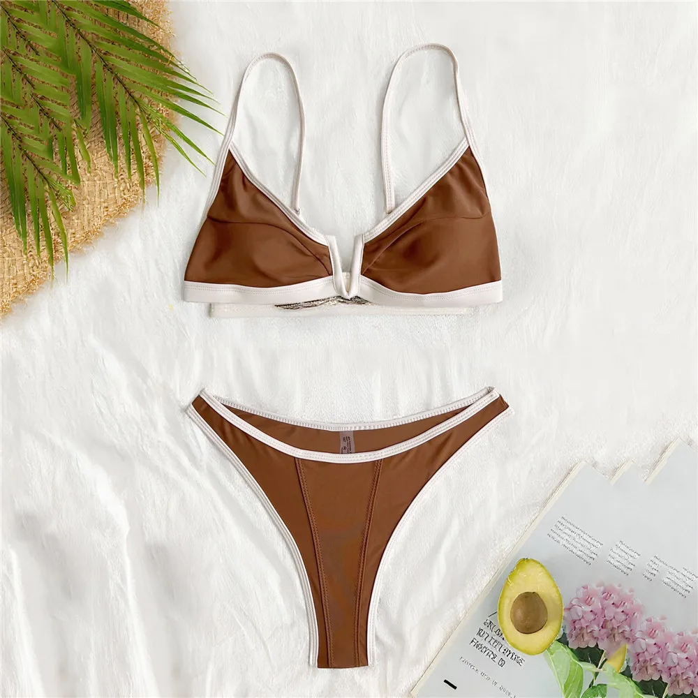 

Brown Patchwork Sexy Bikinis Sets V Neck Swimwear Push Up Swimsuit Woman 2025 High Cut Bathing Suit Bikini Beachwear Biquinis