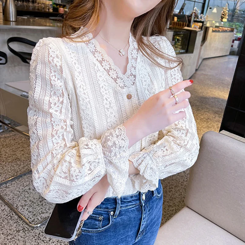 Spring Autumn Korean Style Elegant Fashion Solid V-neck Lace Shirt Top Women Long Sleeve All-match Buttons Blouse Femme Cardigan