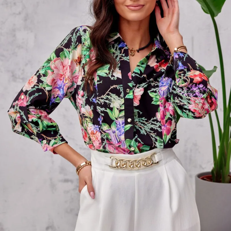 Fashion Elegant Turn Down Collar Long Sleeve Shirt Blouse Office Lady Summer Casual Loose Flower Print Shirts For Women 2023