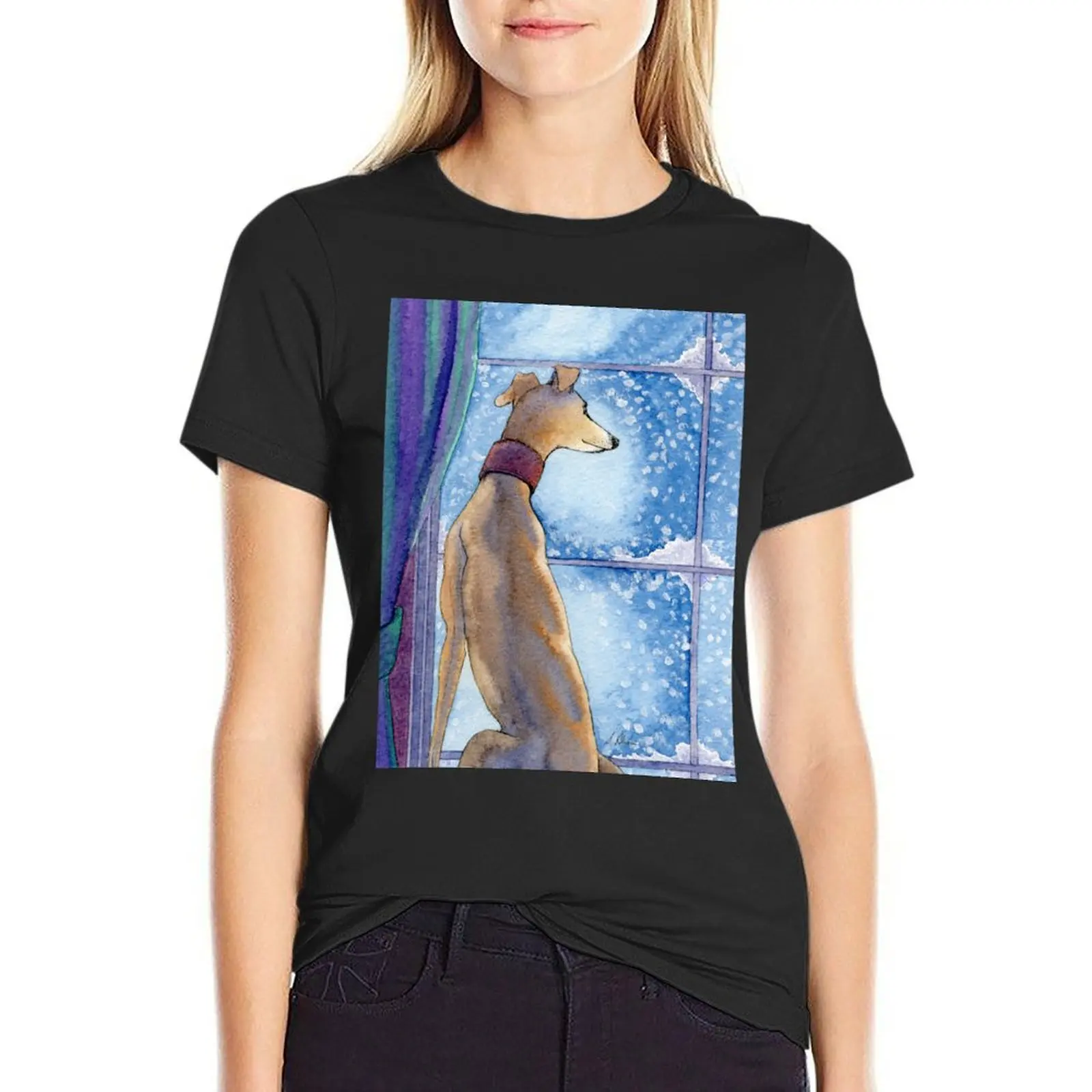 Greyhound dog sits in the warm watching the snow fall outside T-Shirt tees summer top western t shirts for Women