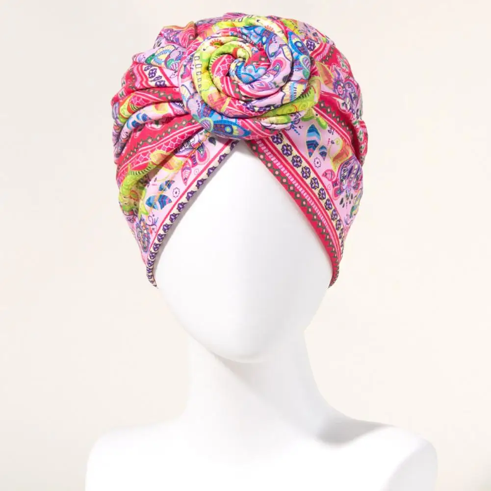 Turban Cap Twisted Retro Print Stretchy Comfortable Super Soft Hide Hair Breathable Bohemia Pre-Tied Bonnet Women Beanie Hat