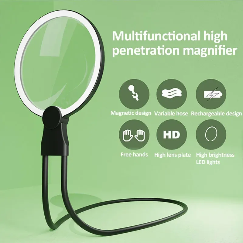 LED 충전식 목 착용 돋보기, 휴대용 데스크탑 대형 스크린 렌즈 돋보기, 독서 바느질 및 공예용
