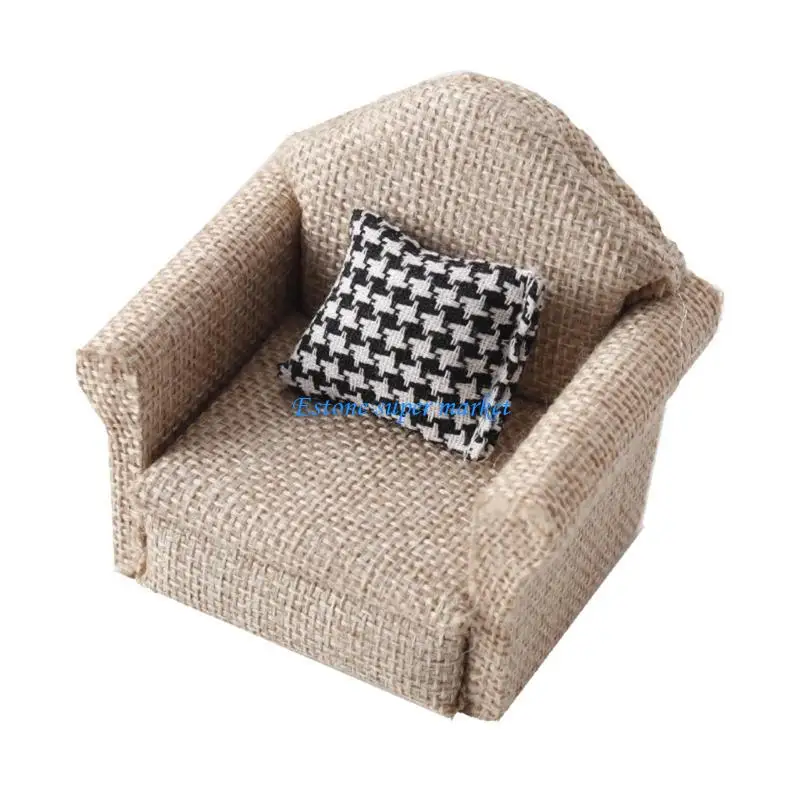 090B 1/12 Scale Miniature Plush Sofa Linen Fabric Jewelry Child Safe Design