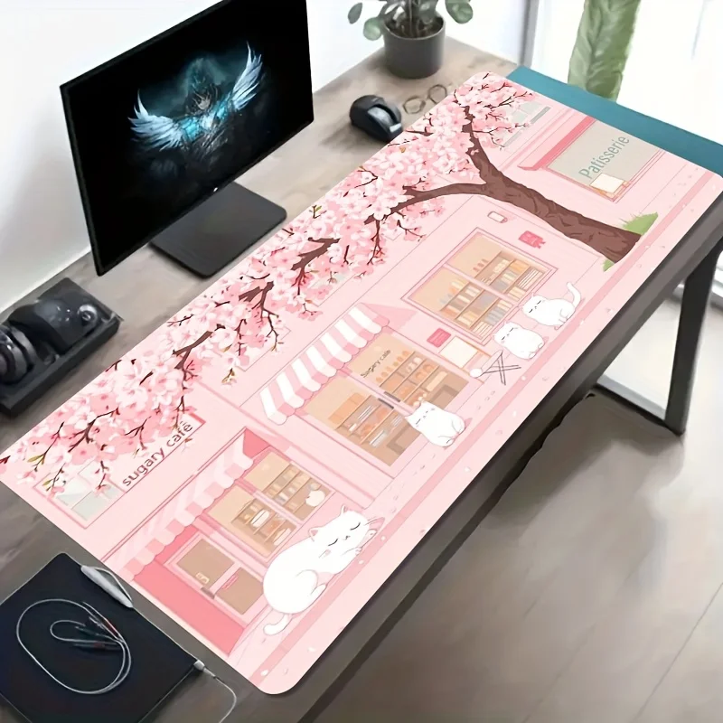 

Большой коврик для мыши Pink Cherry Blossom Cafe Cats, нескользящий резиновый коврик для стола, для офиса и декора компьютера