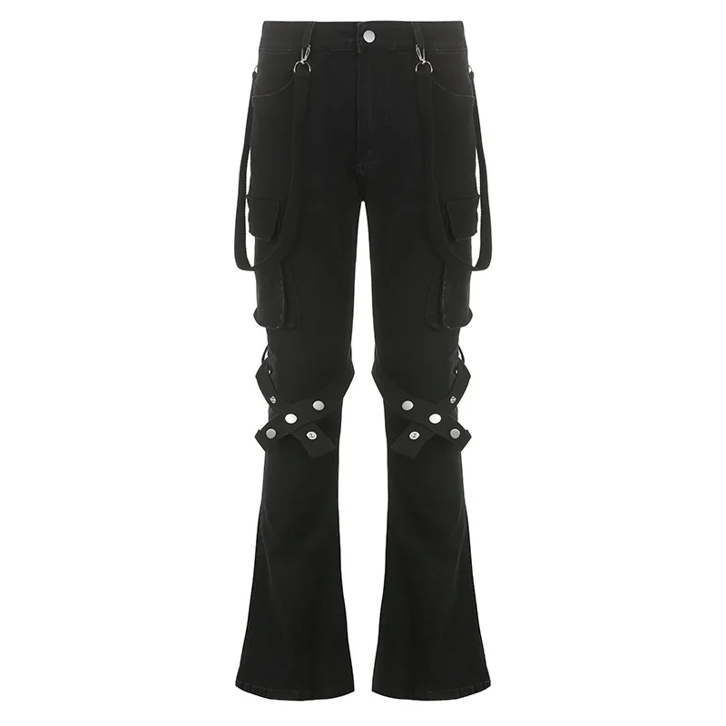 

Fashionable Jeans Adjustable Metallic Pockets Jeans Midrise Straight Flared DenimWear Casual Summer Streetwear Trousers