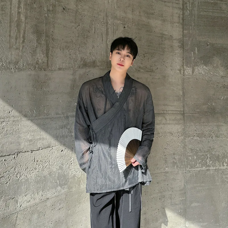 

Translucent Cotton Linen irt Textured Dyed Men Women Spring Summer Loose Fit Long Sve Button down Chinese Sle irt