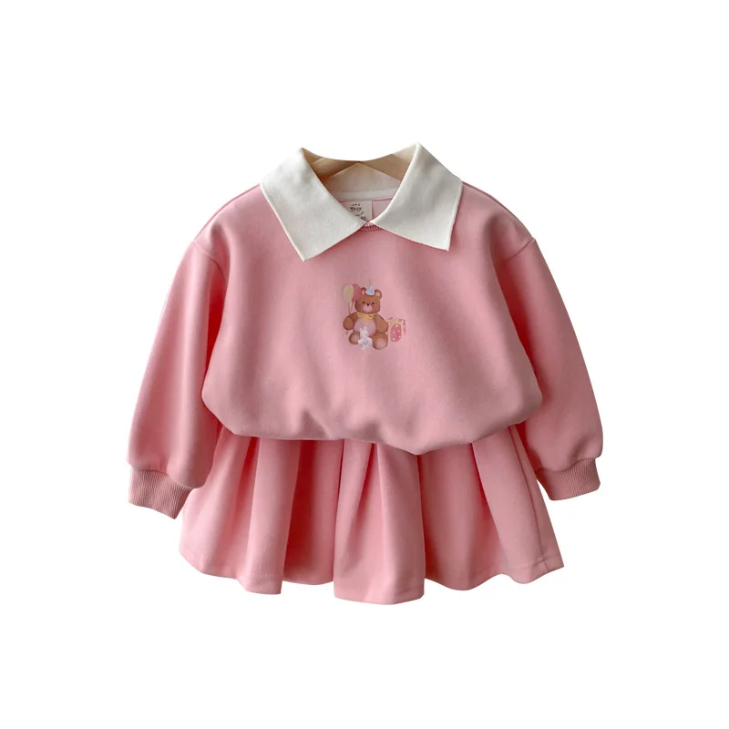 Girls Sweatshirts +Skirts Kids Suits 2PCS/Set 2023 Apricot Spring Autumn Cotton High Quality Sport Uniforms Children Clothing