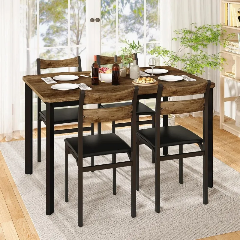 Dining Table Set for 4,4 Upholstered PU Leather ChairsWood Kitchen Table and Chairs Set,5-Piece Dinette Set for Breakfast Nook