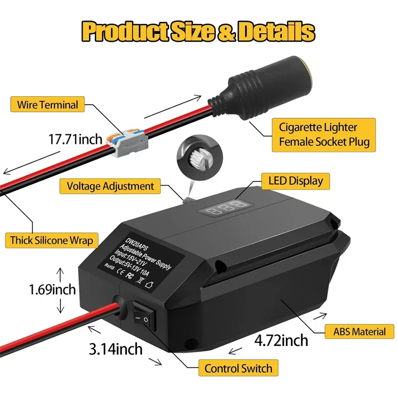 Cigarette Lighter Step Down Converter Power Wheel DC 18V to 12V For Dewalt Battery DIY Adapter Car Regulator Power Tool