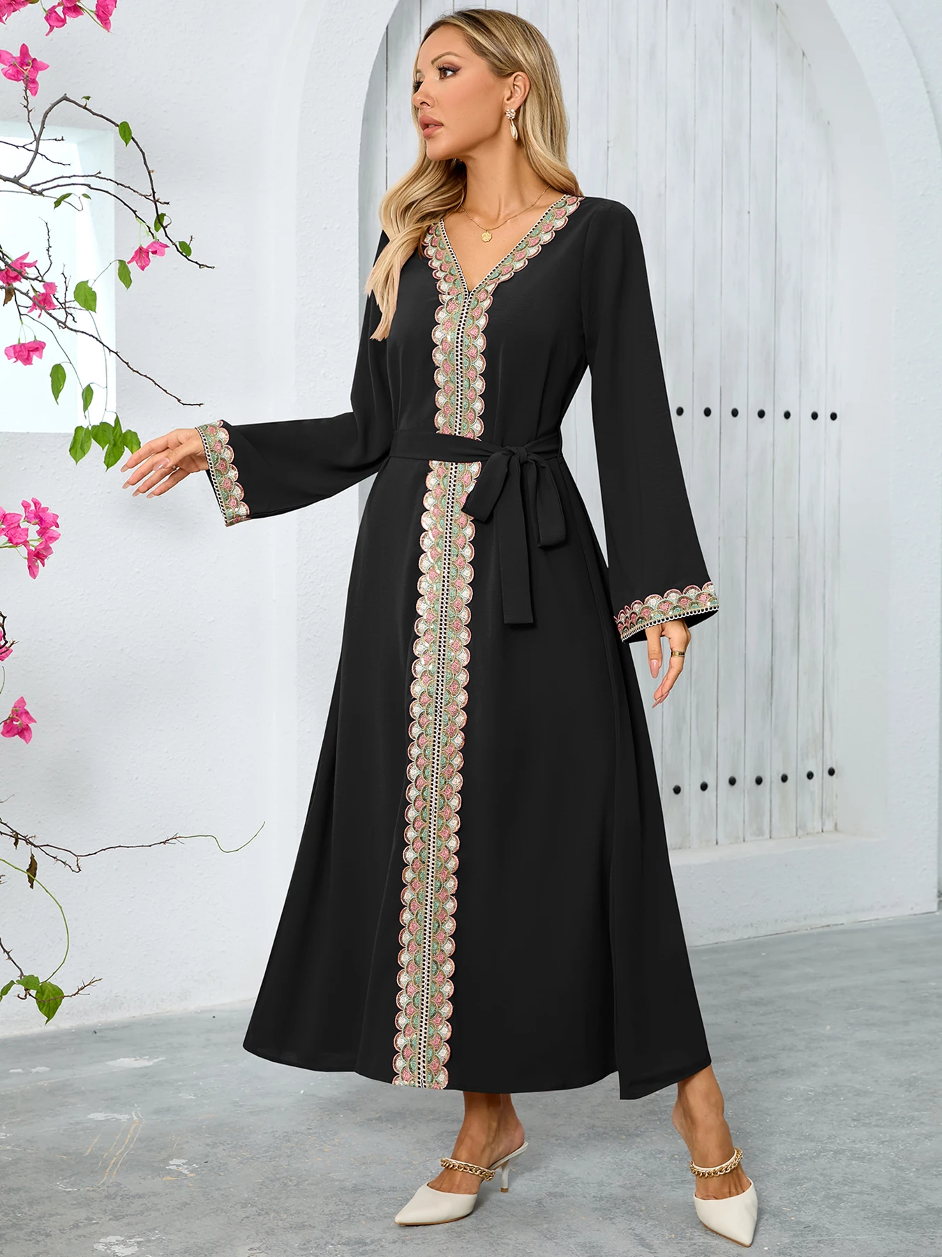 Arabic Middle East Style Women Mid Long Slim Dress V-Neck Lacework Contrast Color Skirt For Elegant Lady