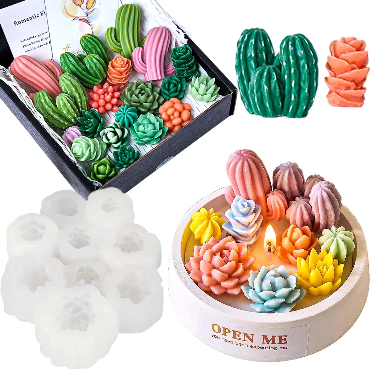 Molde de vela suculenta artesanal 3d, 8 peças, cacto, lótus, rosa, sabão, gesso, chocolate, cozimento, moldes de silicone, decoração de casa, artesanato, presentes
