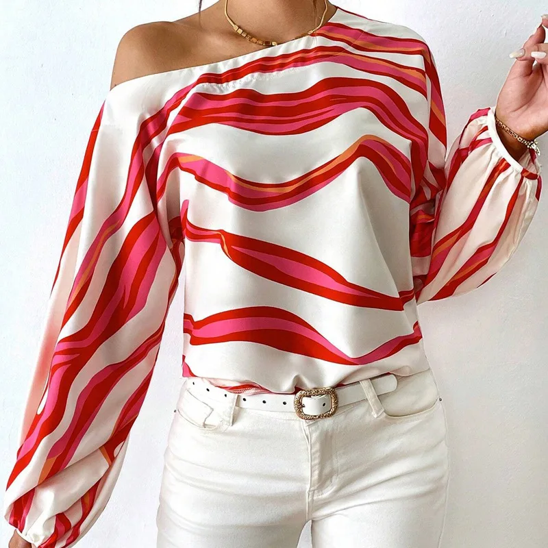 2026 Spring and Summer Temperament Off-the-shoulder One-word Collar Shoulder Printing Loose Women's Shirt T-shirt