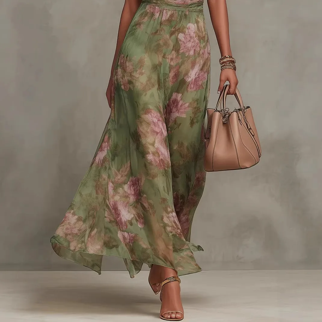 2026 Women's New Summer Style Pleated Mesh Printed Irregular Slit Sexy Halterneck Hip-covering Dress Long Skirt for Women view 3