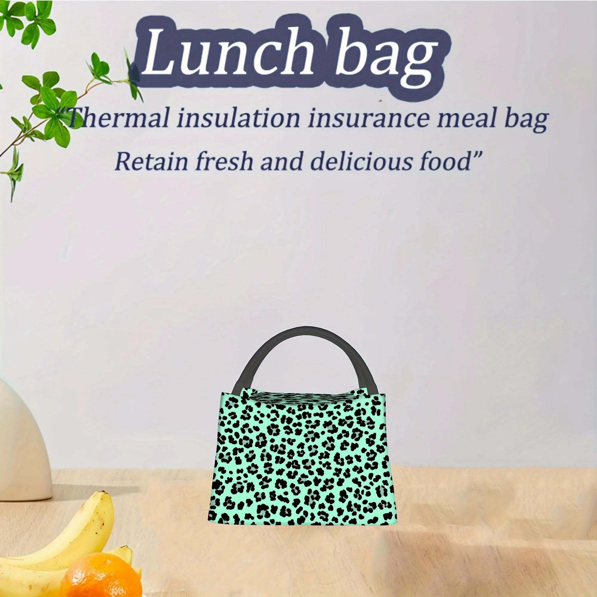 Mint Leopard Print Lunch Tote Bag Insulated Reusable Thermal Food Carrier for Office